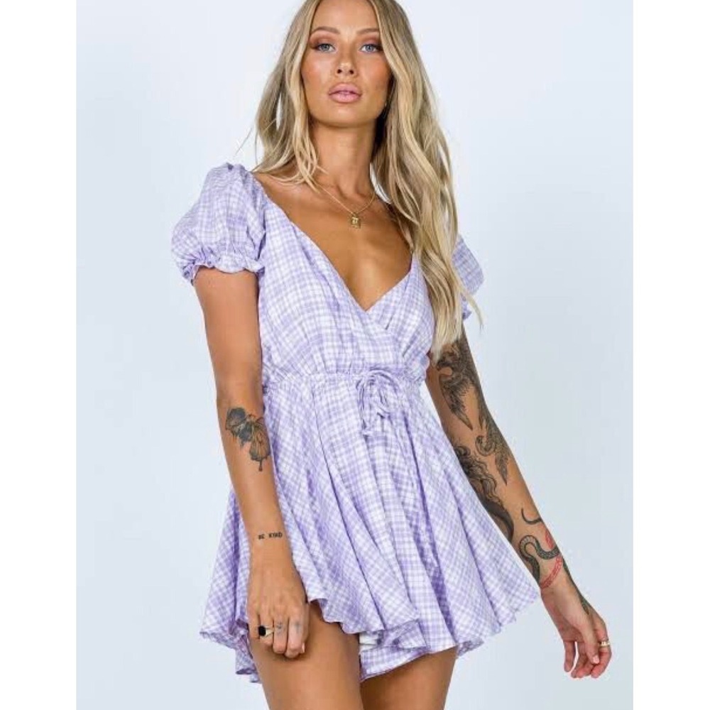 Princess Polly‎ Maree Lilac Gingham Puff Sleeve Romper Size 4